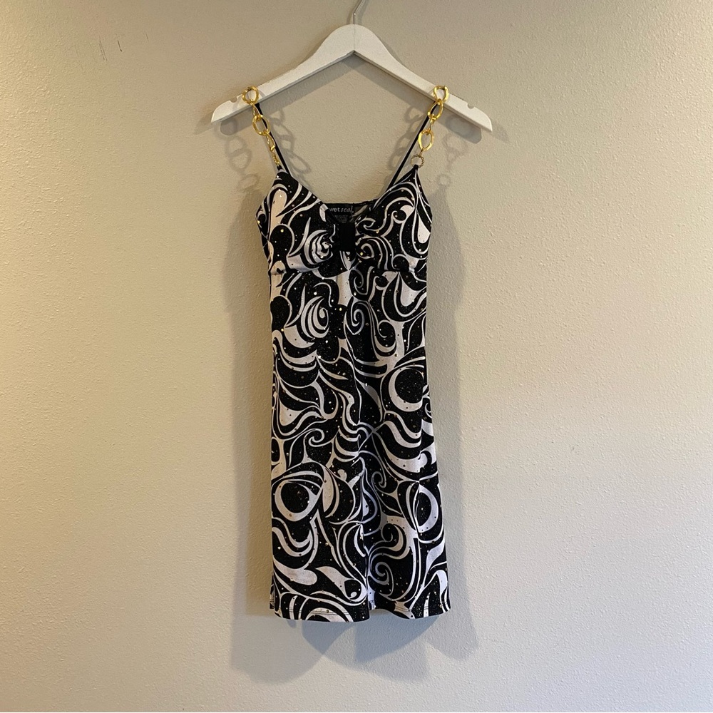 Vintage Wet Seal Y2K Mini Dress XS Gold Chain Straps Swirl Print Glitter Bratz